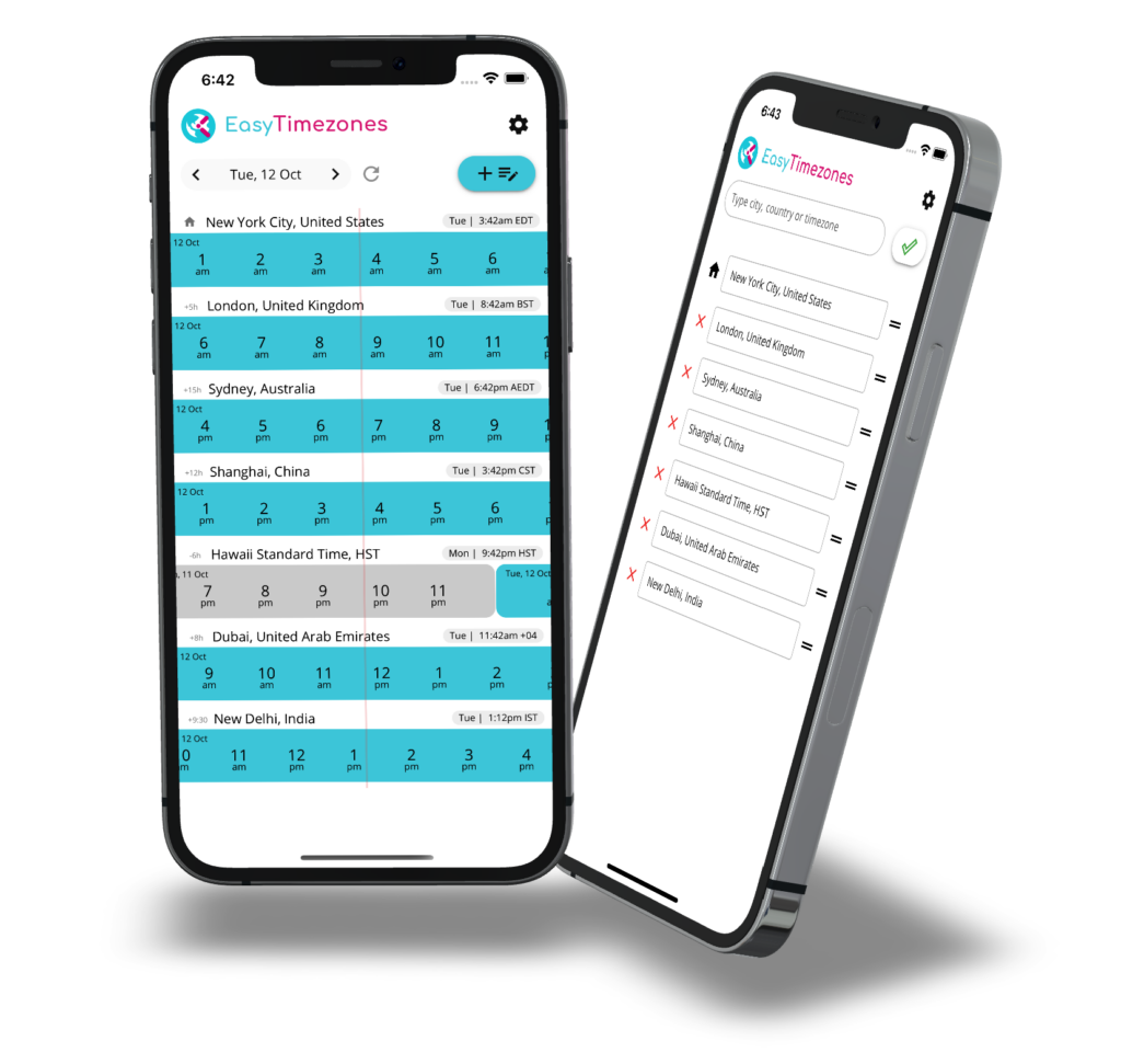 Easy Timezones app showing multiple timezones on a phone